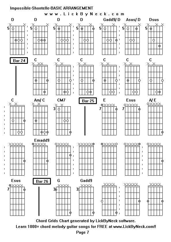 Chord Grids Chart of chord melody fingerstyle guitar song-Impossible-Shontelle-BASIC ARRANGEMENT,generated by LickByNeck software.